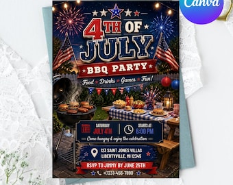 May include: A 4th of July BBQ party invitation featuring fireworks, American flags, and a charcoal grill. The text reads 4th of July BBQ Party, Food, Drinks, Games, Fun, Saturday July 4th, 6:00 PM, 123 Saint Jones Villas, Libertyville, MI 12345.
