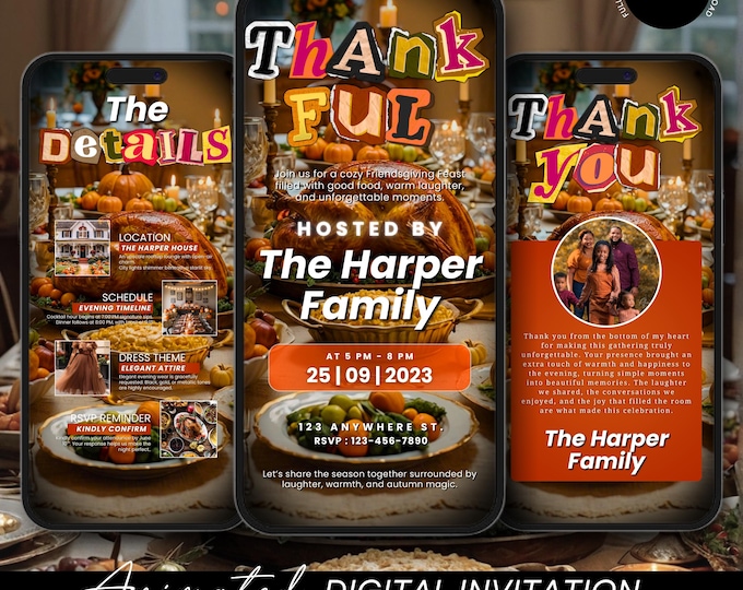 Animated Thankful AF Friendsgiving Dinner Invite: Editable Thankful AF Party Invite Template Digital Fall Pumpkin Thanksgiving Dinner Invite