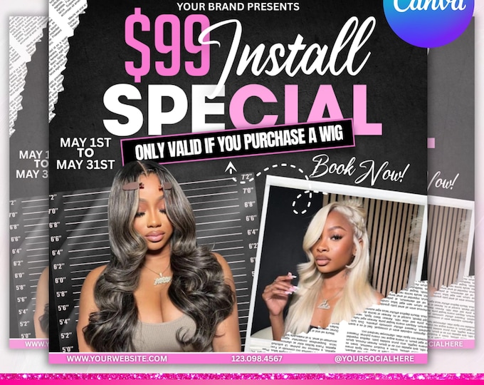 Wig Special Flyer, Wig Install Flyer, Wig Flyer, Hair Install Flyer, Hair Booking Flyer, Hair Stylist, Social Media Flyer, Canva Editable