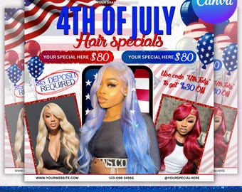 July Booking Flyer, July 4th Flyer, Now Booking July, Hair Braid Lash Brow Flyer, Books Open, Nail wig install Hair Flyer, Canva Editable