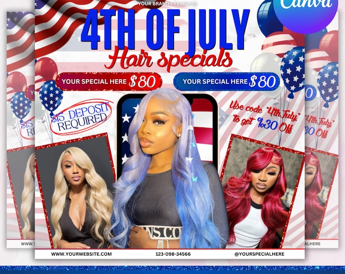 July Booking Flyer, July 4th Flyer, Now Booking July, Hair Braid Lash Brow Flyer, Books Open, Nail wig install Hair Flyer, Canva Editable