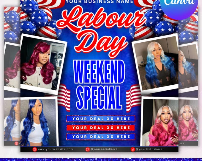 Labor Day Booking Flyer, Labor Day Special, September Booking Flyer, Braids, Nail, Lash, Wig Install, Social Media Flyer, Canva Editable