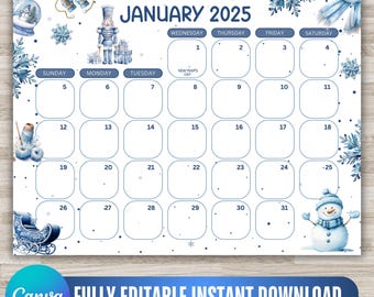 Editable January Calendar 2025, January Calendar 2025 Template, Printable Fillable Planner for Kids School Home Work Office, Canva Editable