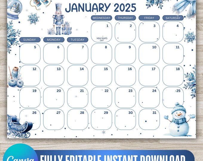 Editable January Calendar 2025, January Calendar 2025 Template, Printable Fillable Planner for Kids School Home Work Office, Canva Editable