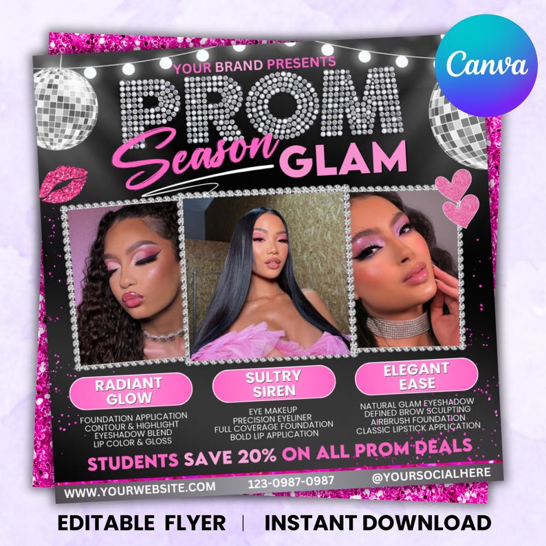 Prom Bookings Flyer, Prom Makeup Flyer, Prom Queen MUA Flyer, Prom Lashes Flyer, Beauty Makeup Artist Flyer, Canva Editable