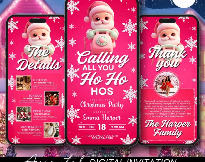 Funny Digital Friendsmas Invitation, ‘Calling All You Ho Ho Hos’ Christmas Party Evite, Pink Santa Girls’ Night, Christmas Evite, DIY Canva