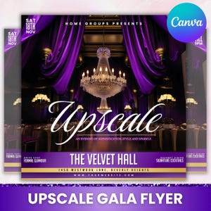 Könnte beinhalten: Ein Flyer für eine gehobene Gala-Veranstaltung. Das Design zeigt einen luxuriösen Innenraum mit lila Samtvorhängen, einem Kronleuchter und Tischen. Der Text enthält "Upscale", "The Velvet Hall" und Veranstaltungsdetails. Das Canva-Logo ist sichtbar.