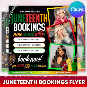 Puede incluir: Un folleto promocional para Reservas de Juneteenth, con un fondo negro y texto en verde, amarillo y rojo. Presenta imágenes de mujeres con varios peinados, y el texto "book now!" y "get 20% Off on all services."
