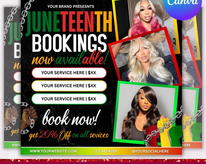 Juneteenth Sale Flyer, Juneteenth Booking Flyer, Juneteenth Hair Sale Flyer, Knotless Braids Flyer, Juneteenth Celebration, Canva Editable