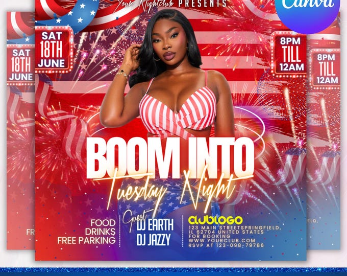 4th of July Party Flyer, Independence Day Party Flyer, USA Celebration Flyer, Patriotic Party Flyer, Club Party Flyer, Canva Editable