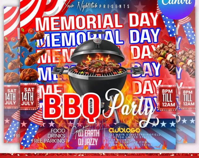 Memorial Day Party Flyer,Memorial Day Weekend Club Flyer,Club Party Flyer,Summer Party Flyer,DJ Party Invite for Social Media,Cnava Editable