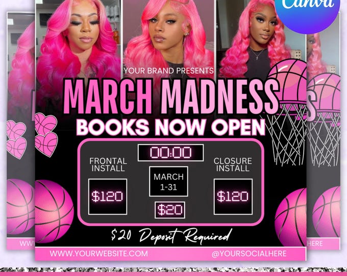 March Madness Flyer, March Booking Flyer, March Hair Flyer, March Braid Flyer, March Lash Flyer, Wax Flyer, Canva Editable