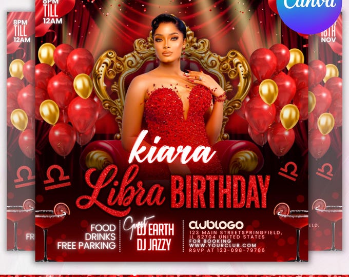 Libra Birthday Flyer, Birthday Girl, Happy Birthday Flyer, Libra Season, Libra Party Flyer, Celebration Flyer, Editable Canva Template