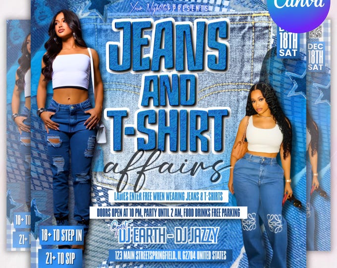 Jeans Party Flyer, Adult DJ Nightclub Party Flyer, Mega DJ Music Event Flyer, Canva Editable Saturday Party Flyer Template, Club Party Flyer