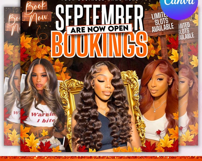 September booking flyer, September flyer, Fall Season Booking Flyer, Fall Szn Sale, Wig Install, Lash Nail Braids Flyer, Canva Editable