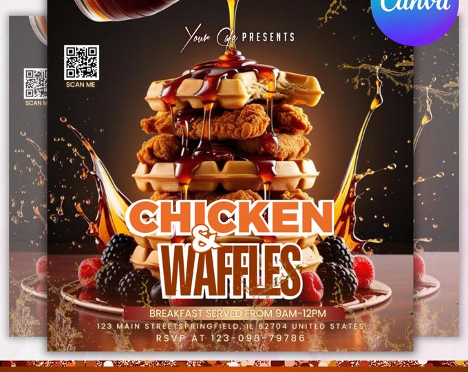 Brunch Flyer Chicken And Waffles, Restaurant Marketing, Bar and Grill, Brunch Event, Chef Flyer, Chicken and Waffles, Canva Editable