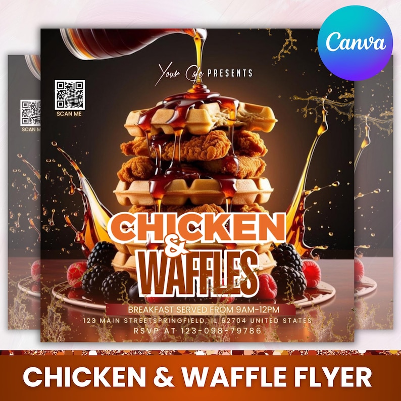 Brunch Flyer Chicken And Waffles, Restaurant Marketing, Bar and Grill, Brunch Event, Chef Flyer, Chicken and Waffles, Canva Editable Editable Flyer Template, Sunday Brunch, Club Flyer, Restaurant Marketing, Bar and Grill, Brunch Event, Chef Flyer, Chicken and Waffles Brunch Flyer, Chicken And Waffles Flyer, Editable Canva Flyer Template, Perfect for Brunch Events, Canva Customizable Brunch Invitation