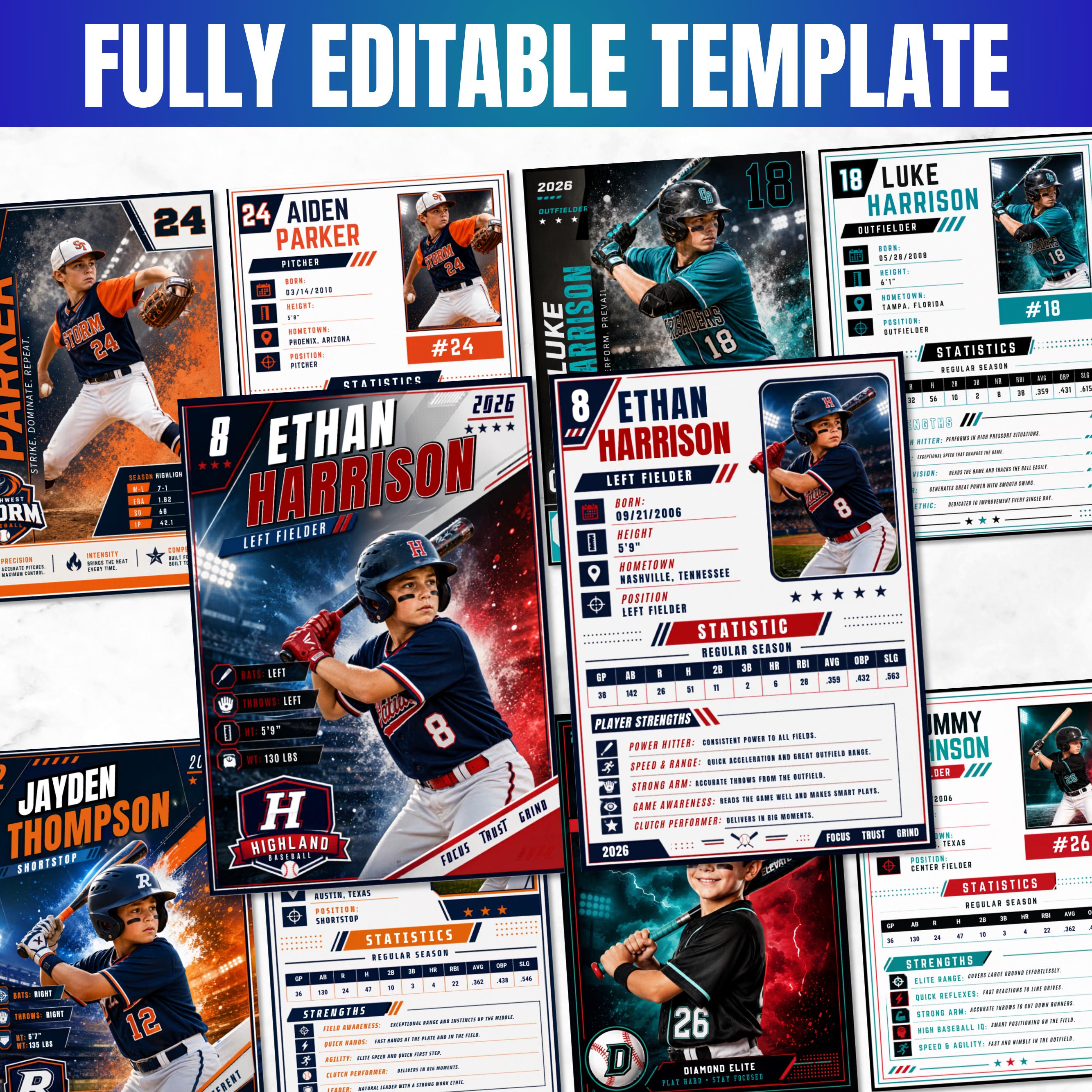 Baseball Trading Card Template Set, 6 Editable Double-sided Player ...