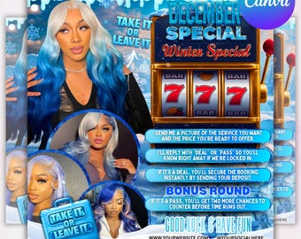 May include: Digital advert with a winter theme. It features a woman with blue and white hair, a slot machine graphic with the text "December Special Winter Special", and the phrase "Take it or Leave it".