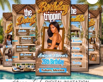 Tulum Birthday Trip Itinerary Invitation, Birthday Trippin Invitation, Animated Girls Trip Itinerary Template, Vacation Schedule  Invite