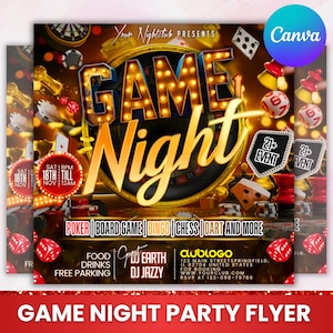 Game Night Party Flyer: Casino, Poker, Bingo - Canva Editable