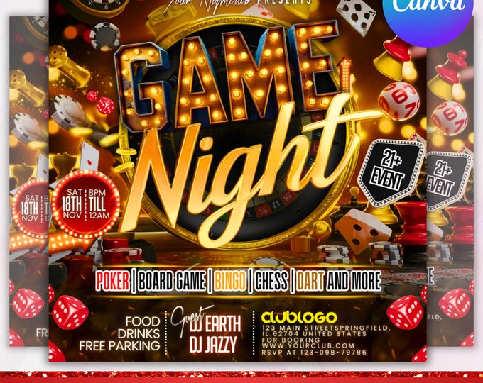 Game Night Party Flyer, Club Party Flyer, Adult Event Flyer, Game Invitation, Casino Night Flyer, Poker, Bingo, Chass, Canva Editable