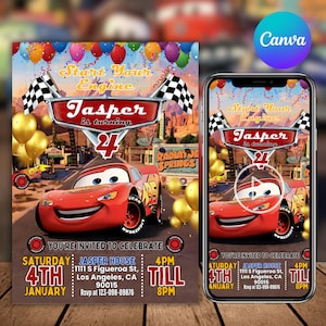 Cars verjaardagsuitnodiging, racewagen verjaardagsuitnodiging voor verjaardagsfeestje, rode auto verjaardagsuitnodiging, jongen verjaardagsfeestje uitnodigen, McQueen, canva bewerkbaar