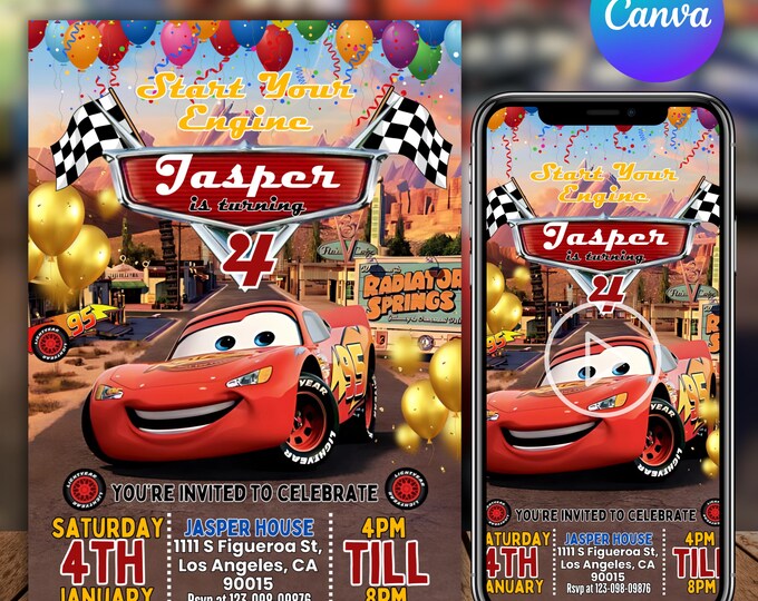 Cars Birthday Invitation, Race Car Birthday Party Invitation, Red Car Birthday Invitation, Boy Birthday Party Invite,McQueen, Canva Editable