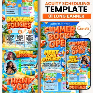 May include: A colorful banner ad for a hair stylist, featuring the text "Summer Books Open" and "Meet Your Stylist." It includes contact information, booking policies, and a thank you message. The design incorporates beach balls and tropical elements.