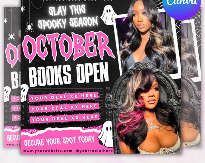 October Booking Flyer, October Books Open, Halloween Hair Flyer, Spooky SZN Flyer, October Hair Flyer, Nails MUA Lash Locs Wig, DIY Canva