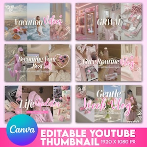 Puede incluir: Un conjunto de seis plantillas de miniaturas de YouTube en tonos rosas. Las miniaturas presentan superposiciones de texto como "Vacation Vibes" y "Gentle Week Vlog". El logotipo de Canva y "EDITABLE YOUTUBE THUMBNAIL" también son visibles.