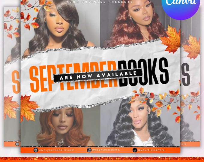 Fall Season Booking Flyer, September booking flyer, September flyer, Fall Szn Sale, Wig Install, Lash Nail Braids Flyer, Canva Editable