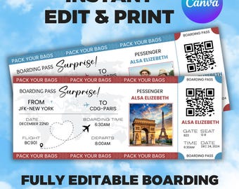 Editable Boarding Pass Ticket Template, Surprise Gift Ticket Template, Airline Ticket Template, Gift For Him For Her, Canva Editable