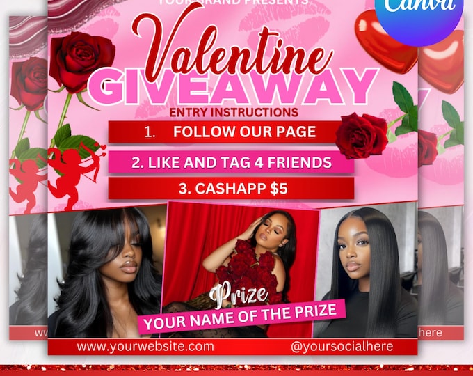 Valentines Giveaway Flyer, Valentine Raffle Flyer,  February Booking Flyer February Giveaway Hair Braids Nail Lash Makeup, Canva Editable