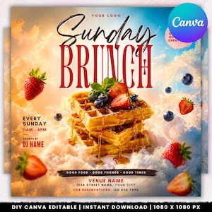 Flyer para Festa de Brunch de Domingo, Modelo de Flyer Editável, Brunch de Domingo de Verão, Flyer para Clube, Lounge, Bar e Churrascaria, Evento de Brunch, Faça Você Mesmo no Canva