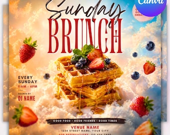 Sunday Brunch Party Flyer, Editable Flyer Template, Summer Sunday Brunch, Club Flyer, Lounge, Bar and Grill, Brunch Event, DIY Canva