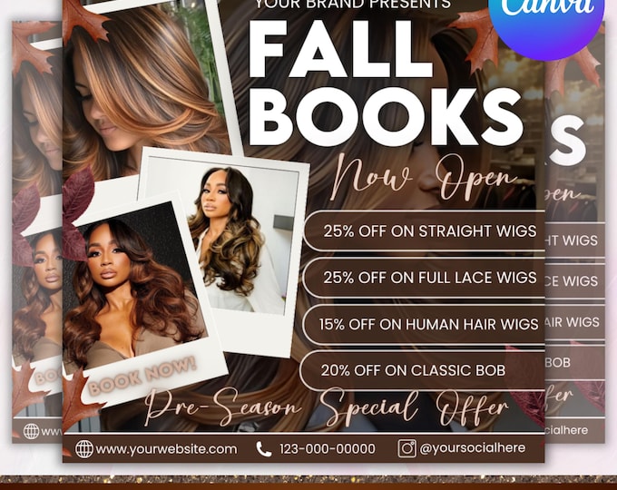 September booking flyer, September flyer, Fall Season Booking Flyer, Fall Szn Sale, Wig Install, Lash Nail Braids Flyer, Canva Editable
