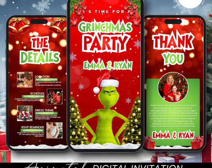 Animated Christmas Dinner Invitation, DIY Template Design, Friendsmas Party Video Invite, Premade Grinch Holiday Festive Celebration Invite