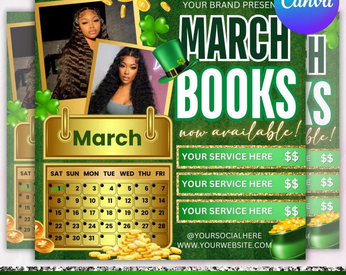 March Booking Flyer, St. Patrick Day Flyer, March Madness Flyer, March Book Now, March Hair, March Lashes Nails Flyer, Canva Editable
