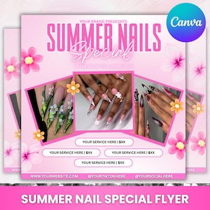 Summer Nail Special Flyer, Summer Sale Flyer, Nail Sale Flyer, Nail Special Flyer, Beauty Nail Salon MUA April Instagram, Canva Editable