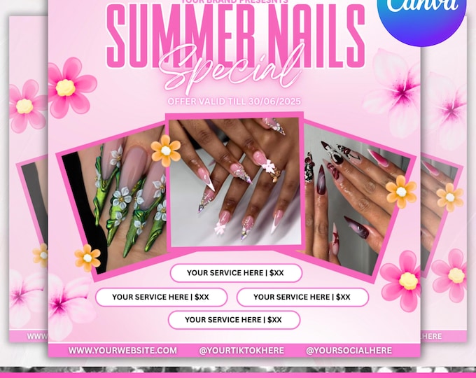 Summer Nail Special Flyer, Summer Sale flyer, Nail sale flyer, nail special flyer, Beauty Nail Salon MUA April Instagram, Canva Editable