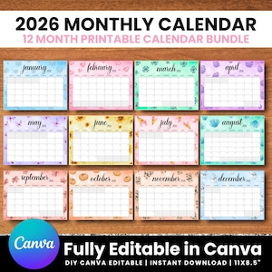 Puede incluir: Un paquete de calendarios mensuales de 2026 con 12 calendarios imprimibles. Cada mes tiene un diseño único de acuarela y elementos decorativos. El texto "2026 Monthly Calendar" y "Fully Editable in Canva" son visibles. El calendario mide 27,9 x 21,6 cm.