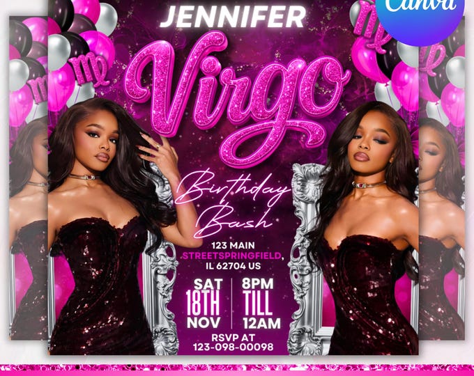 Virgo Birthday Flyer, Birthday Party Invitation Flyer, Virgo Season Birthday Flyer, Virgo Birthday Flyer, Birthday Event, Canva Editable