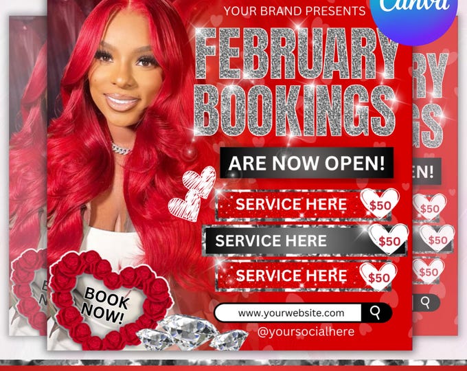 February Booking Flyer, Valentines Day Booking Flyer, February Booking, Hair Braids Nail Lash Makeup Wig Install , Canva Editable