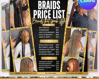 Braids Pricelist, Braids Price List Flyer,Knotless Braids Flyer,Beauty Salon Price Sheet, Premade Lash hair Nails Price List, Canva Editable