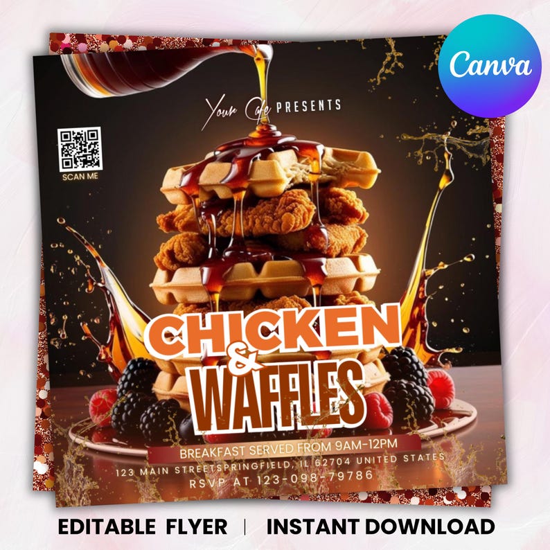 Brunch Flyer Chicken And Waffles, Restaurant Marketing, Bar and Grill, Brunch Event, Chef Flyer, Chicken and Waffles, Canva Editable Editable Flyer Template, Sunday Brunch, Club Flyer, Restaurant Marketing, Bar and Grill, Brunch Event, Chef Flyer, Chicken and Waffles Brunch Flyer, Chicken And Waffles Flyer, Editable Canva Flyer Template, Perfect for Brunch Events, Canva Customizable Brunch Invitation