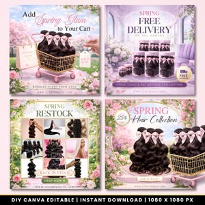 May include: Four promotional images for a hair collection. The images feature bundles of dark hair, shopping carts, and floral backgrounds. Text includes "Spring Glam," "Free Delivery," "Spring Restock," and "Hair Collection." The images are designed for online sales.