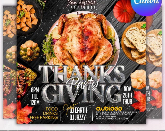 Thanksgiving Party Flyer, Thanksgiving Club Invite, Friendsgiving Dinner Invite, Celebration Flyer, Social Media Flyer, Canva Editable