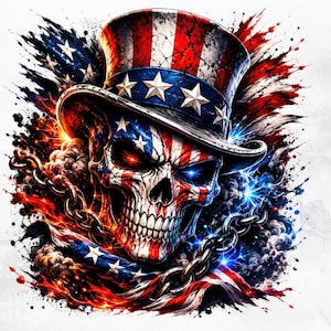 May include: A graphic illustration of a human skull wearing a top hat, both decorated with the red, white, and blue stars and stripes of the American flag. The skull is surrounded by heavy metal chains, smoke, and vibrant paint splatter effects.
