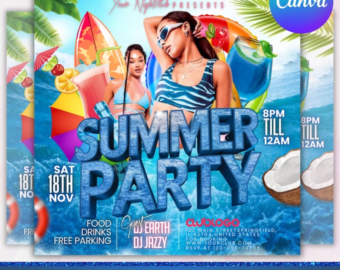 Summer Party Flyer, Beach Party Invitation, Club Party Flyer, Summer Break Flyer, Event Flyer Template,  Summer Event Flyer, Canva Editable